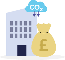 An illustration of a building, a bag of money and a CO2 cloud