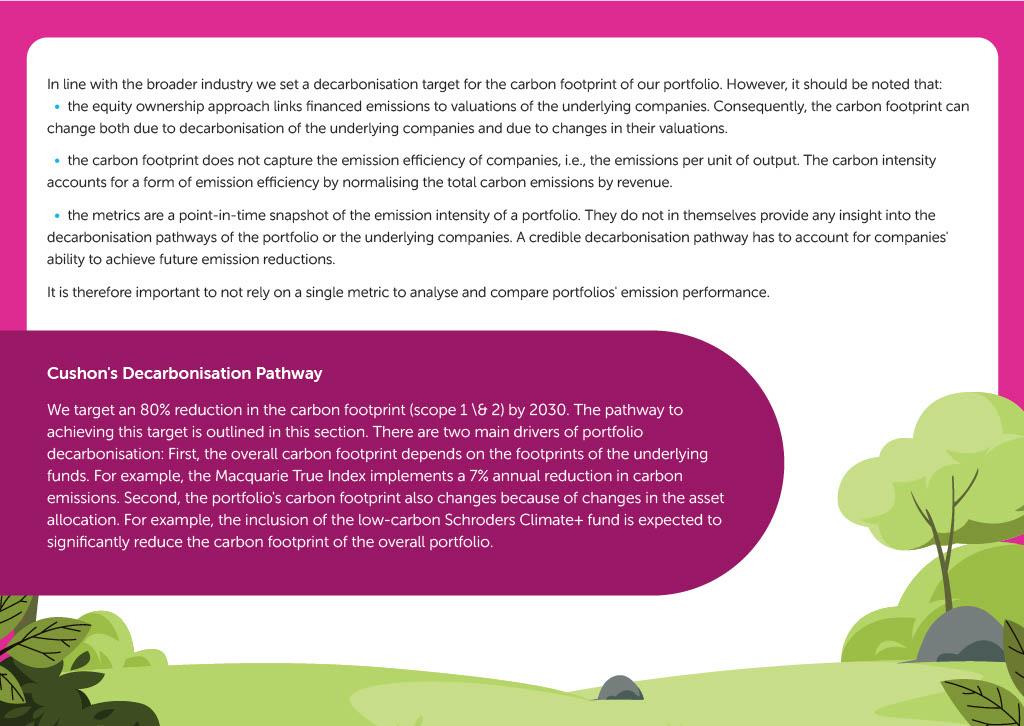 In line with the broader industry we set a decarbonisation target for the carbon footprint of our portfolio. However, it should be noted that: - the equity ownership approach links financed emissions to valuations of the underlying companies. Consequently, the carbon footprint can change both due to decarbonisation of the underlying companies and due to changes in their valuations. - the carbon footprint does not capture the emission efficiency of companies, i.e., the emissions per unit of output. The carbon intensity accounts for a form of emission efficiency by normalising the total carbon emissions by revenue. - the metrics are a point-in-time snapshot of the emission intensity of a portfolio. They do not in themselves provide any insight into the decarbonisation pathways of the portfolio or the underlying companies. A credible decarbonisation pathway has to account for companies' ability to achieve future emission reductions. It is therefore important to not rely on a single metric to analyse and compare portfolios' emission performance.  Cushon's Decarbonisation Pathway We target an 80% reduction in the carbon footprint (scope 1 \& 2) by 2030. The pathway to  achieving this target is outlined in this section. There are two main drivers of portfolio  decarbonisation: First, the overall carbon footprint depends on the footprints of the underlying funds. For example, the Macquarie True Index implements a 7% annual reduction in carbon emissions. Second, the portfolio's carbon footprint also changes because of changes in the asset allocation. For example, the inclusion of the low-carbon Schroders Climate+ fund is expected to significantly reduce the carbon footprint of the overall portfolio