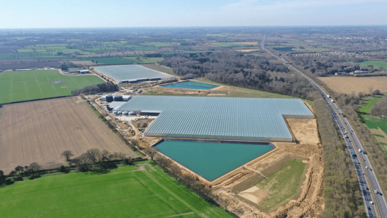 Aerial photo of the largest single-block greenhouse in the UK, in Bury St Edmunds