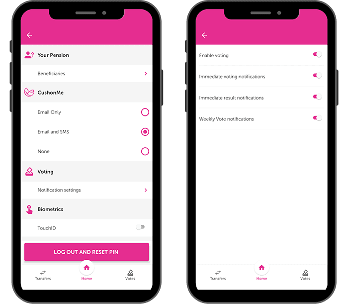 Images of voting system in Cushon app from two smartphones