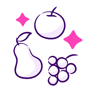 Illustration of a pear, grapes and apple